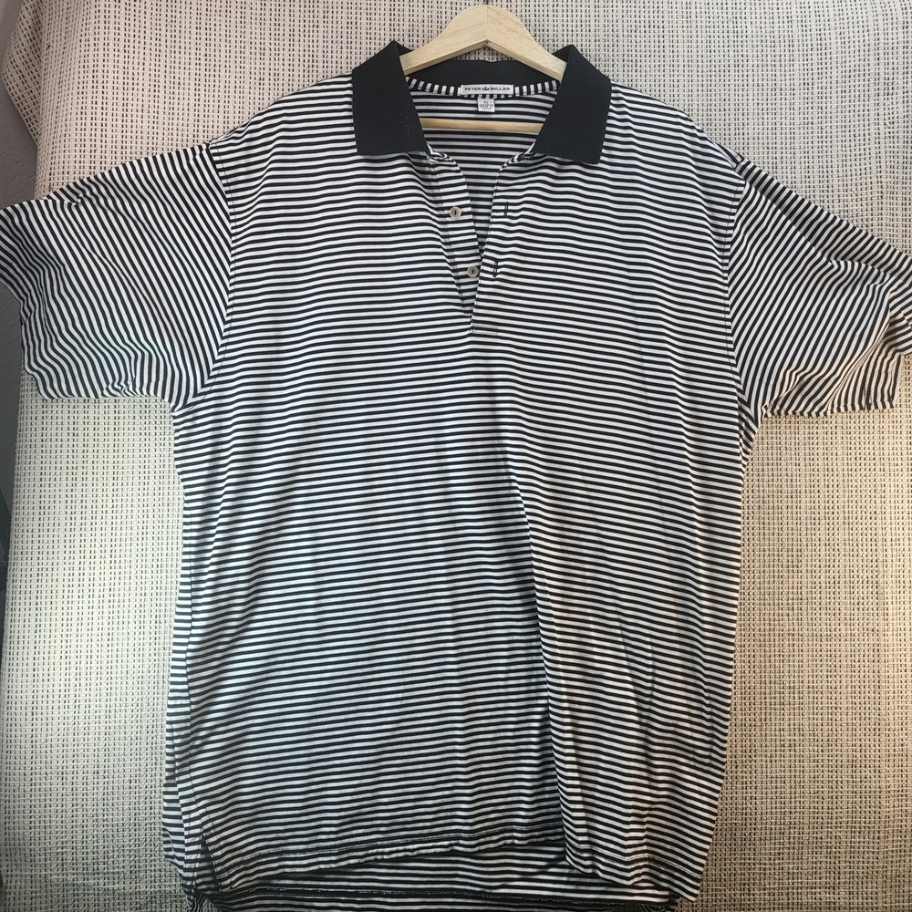 Peter Millar Polo Shirt Mens XL Black White Stripe Golf‎ Casual Short Sleeve